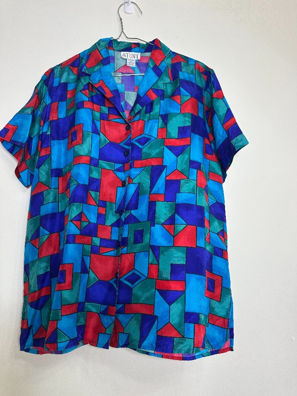 Stunt Vintage 100% Silk Geometric Abstract Print Short Sleeve Button-Down Blouse
